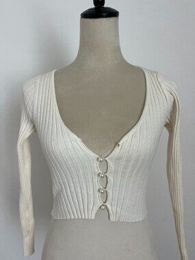 Cotton Candy LA Ribbed Pearl Button Cardigan Ivory Size S